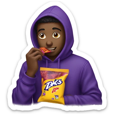 student wearing a hoodie while eating a bag of takis sticker
