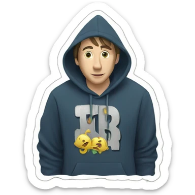 man with a hoodie with "Mr. Beast written on it" and money coming out of his ears sticker