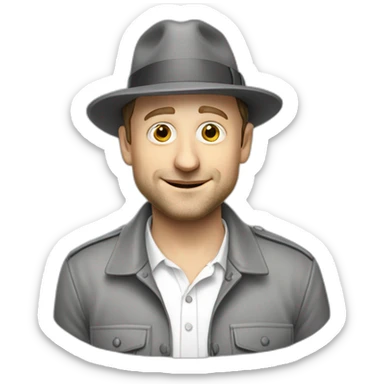 tim robinson wearing a grey fedora with a grey flap on the back white shirt sticker