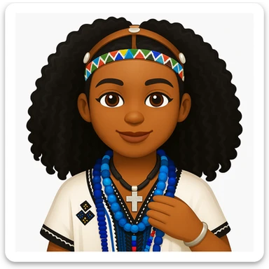 Create a high-definition, precise iOS (Apple) style emoji of an Ethiopian woman in traditional attire. Capture her natural curly hair, beaded headband, traditional jewelry, and warm expression. The style should reflect the look and feel of Apple emojis with clear details and vibrant colors. sticker