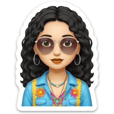 girl in hippies clothes, wearing sunglasses, black wavy hair sticker