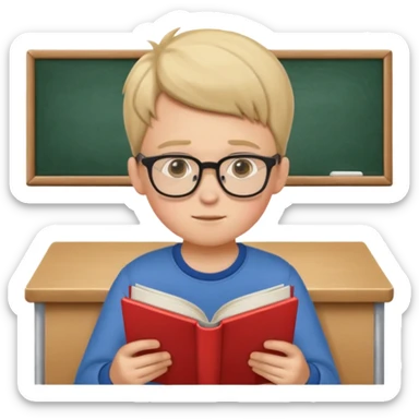 Boy with glasses sitting at school reading with his back to the camera sticker