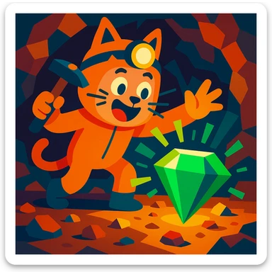 A miner dressed in a cat costume discovering a huge emerald at y -255, vibrant and playful, with a sense of excitement. sticker