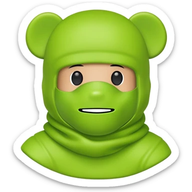 bearbrick toy wearing a lime green balaclava with relaxed but well-defined arched eyebrows visible above the mask sticker