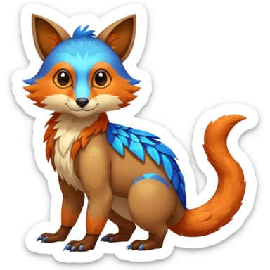 Colorful brown with blue and orange tropical exotic shiny beautiful fantasy-Vernid-Cacomistle-Oncilla-animal-Fakémon-hybrid-fursona (full body) sticker