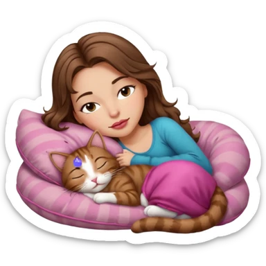 girl with long wavy brown hair, brown eyes, long lashes makeup, sexy pink lips, light to medium complexion,  sleeping on a cozy pillow, with brown tabby cat, sleeping sticker
