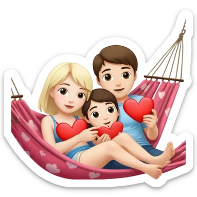 Blond girl and brunette boy laying in a hammock together with hearts sticker