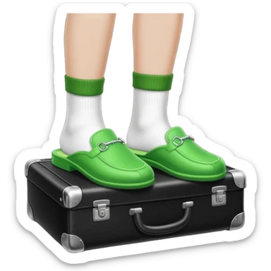 Feet with white socks wearing green house slippers standing on a briefcase sticker