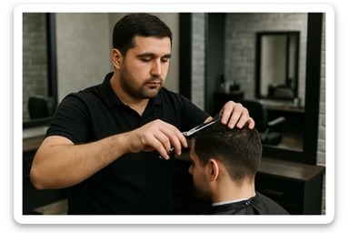 shu odamni sartaroshxonada mijozlarni sochini olayotganin  tasvirlab ber juda yosh ham katta ham bo'lmasin semiz ham bo'lib ketmasin sticker