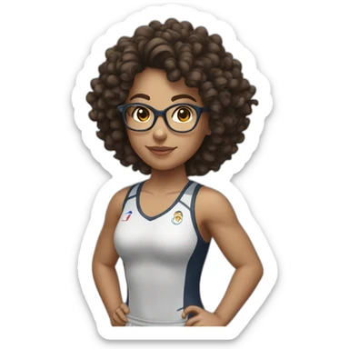 brunette girl with glasses and curly hair and sportif body sticker