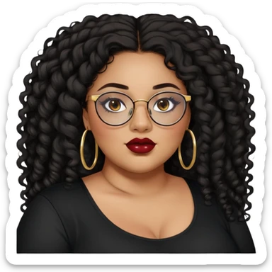 teen big plus size, latina, darker tan skin, gold hoops, long black curly hair, baddie,pretty, makeup, dark red lipgloss, black eyeliner, long hair, black shirt, black glasses sticker