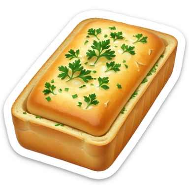 golden garlic bread, crisp edges, melted butter, herbs, soft fluffy interior, toasted glossy crust, parsley and garlic flecks, no plate or knife, soft lighting, emoji scale sticker