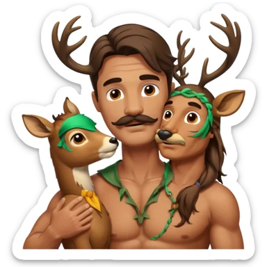ripped guy with mustache and long hair being nuzzled by a deer sticker
