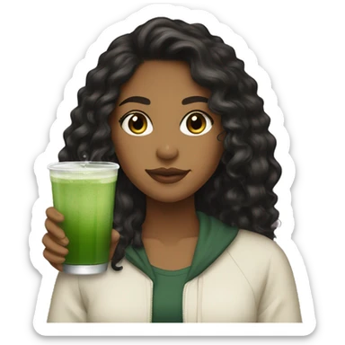 A brown girl who’s drink matcha with black curly long hair  sticker