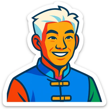 white haired handsome Chinese man in vibrant toon style, colorful and lively sticker