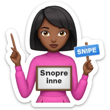 Dark skin woman with black bob in hair holding sign that says snipe  wearing pink outfit  sticker