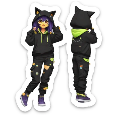 Edgy Anthro cool shy colorful urban beautiful pretty anime dark cat-Pokémon-fursona techwear cargo pants hoodie sticker
