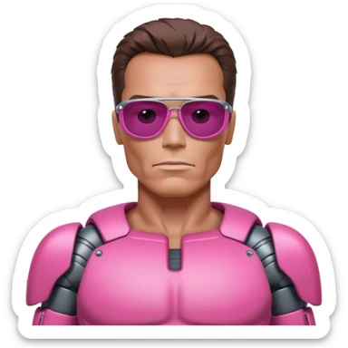 Schwarzenegger-like Terminator, upper body only, wearing his iconic clothes in pink (all clothes must be pink), looking more human with minimal robotic details, and wearing dark sunglasses. sticker
