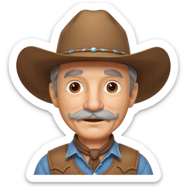 cute old cowboy portrait, head and shoulders only, cowboy hat, grey mustache, wrinkles, warm smile, western outfit, 3D cartoon, mobile game icon style, clean background, no text, no watermark
 sticker