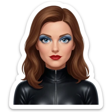 Emma Peel from James Bond Series with blue eyes, red lipstick, periwinkle eyeshadow, long brown hair, black metallic turtleneck jumpsuit sticker