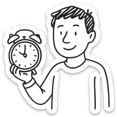 A man with brown hair holding a red alarm clock sticker