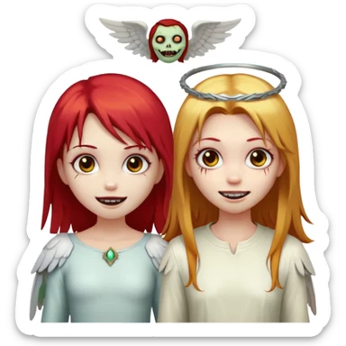 девушка ангел с нимбом и крыльями, с рыжими прямыми волосами по плечи, с улыбкой, стоит рядом с девушка зомби с темными длинными прямыми золосами, со злым выражением лица и ровными белыми зубами в стиле Apple avatar sticker