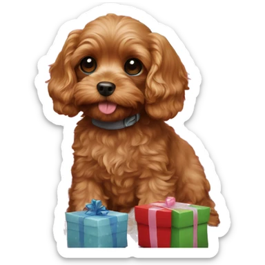 ruby red toy cavoodle surrounded by presents  sticker