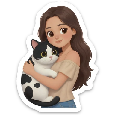 A young woman with long dark brown hair, wearing a nude off-shoulder top, hugging a black and white cow-patterned cat, 3D emoji ios style, white background,Turn to face forward. sticker
