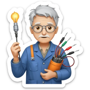 A scatteredbrained old tinkerer with messy workshop coat, holding sparking wires.
 sticker