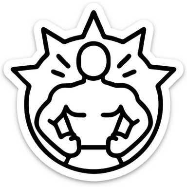 circular icon with transparent background featuring silhouette of muscular masculine figure in dynamic powerful stance with arms bent and fists clenched, bright fiery burst of light or energy behind figure, evoking strength power-up activation, cartoonish yet realistic style, suitable for video game ability or power-up symbol sticker