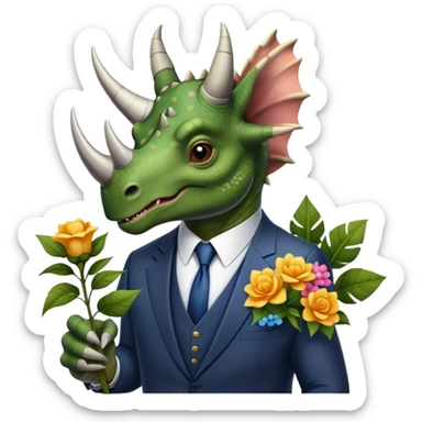 old triceratops in suit holding flowers sticker