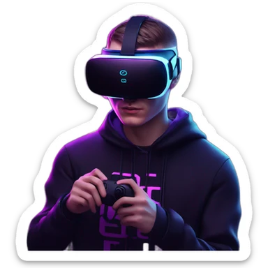 Russian young man wearing a black hoodie with "OMG" letters on it and VR headset in a cyberpunk VR environment with violet neon lighting. sticker
