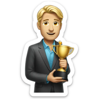 television game show host, lost in thought, holding a trophy sticker