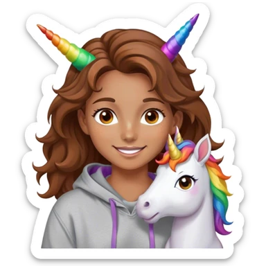 pretty girl brown wavy hair tanned amber eyes freckles wearing a grey hoodie on a unicorn smiling over the rainbow sticker