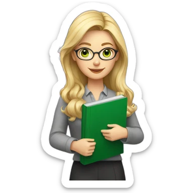 English teacher female with blonde hair and green eyes. with English book with usa flags sticker