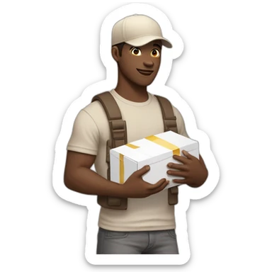 Pale skinned fit Man with dark brown hair in a beige cap, gray jeans, brown polo and white T-shirt keeping a pasted with tape white box into his hands sticker