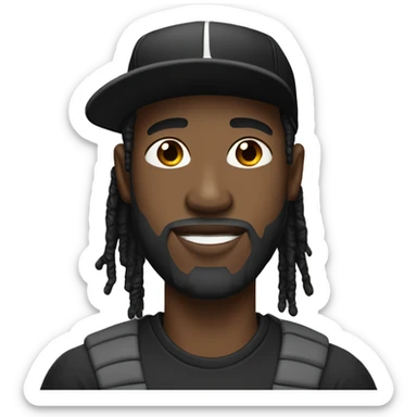 Black man with beard and short dreads wearing a black baseball cap sticker
