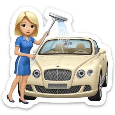 A blond lady washing a Bentley sticker