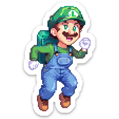 Luigi jumping pixel art style, green hat, blue overalls, energetic pose sticker