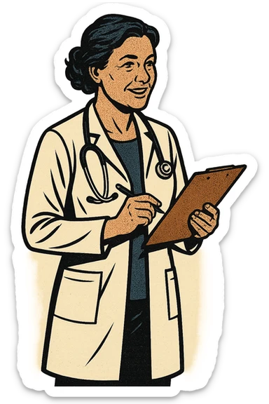 A full body image of a caring middle aged female doctor with a stethoscope holding a note pad sticker