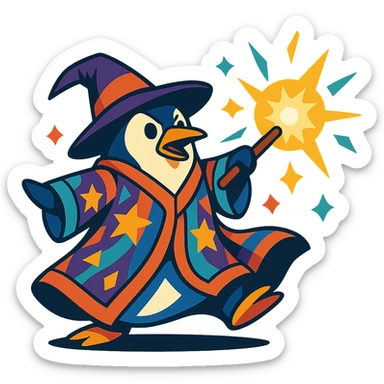 A penguin wizard with a colorful robe and a dynamic pose, casting a bright spell sticker