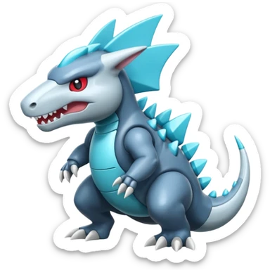 Futuristic soft smooth glossy metallic white and cyan Tyrunt-Aggron-Axew-fusion sticker