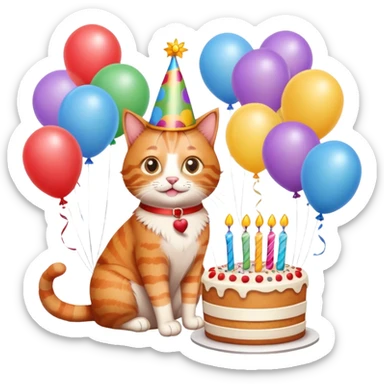 Ginger cat celebrates birthday, birthday hat, birthday cake, balloons, happy, gifts sticker