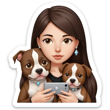￼ a young girl with long dark brown hair cascading down her face. It’s with her phone in her hands, sitting next to her pitbull with a small diamond nose ring in her nose. sticker