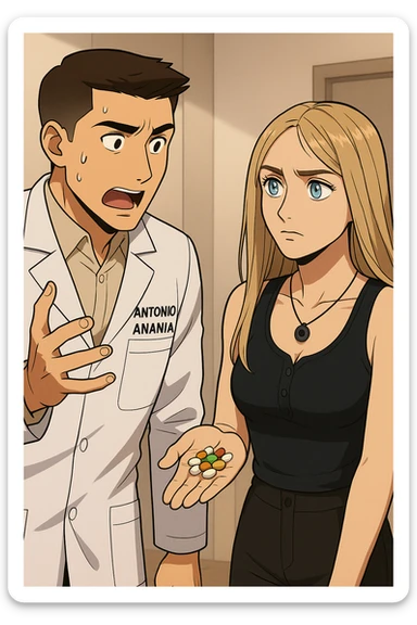 fai un webtoon/manga a colori con questo kinesiologo in camice bianco (fagli la scritta "ANTONIO ANANIA" SUL CAMICE) CHE PARLA CON QUESTA RAGAZZA CON GLI OCCHI AZZURRI. LA RAGAZZA HA UN PUGNO DI INTEGRATORI IN MANO (TANTE PILLOLE DIVERSE) E LE GUARDA DUBBIOSA. IL KINESIOLOGO CON IL CAMICE BIANCO LE DOMANDA UNA COSA SCIOCCATO. NON FARE I FUMETTI, FAI SOLO LORO COME SE DIALOGASSERO sticker