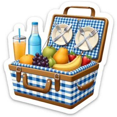 blue plaid lining basket with both food, drink and fruits sticker