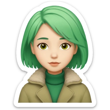 Girl with green hair wearing warm winter coat with a relaxed posture and friendly face sticker