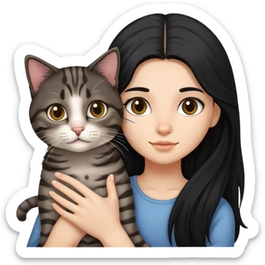 Long black hair girl holding a haired tabby cat sticker