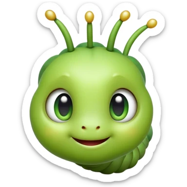 Cinematic Realistic Cute Caterpillar Portrait Emoji, Head tilted playfully and inquisitively, featuring a compact, segmented body in bright, vibrant green with delicate, inviting textures and a charming, rounded face with sparkling eyes full of curiosity, rendered with lifelike detail and natural highlights, high shine, affectionate and spirited, styled with a touch of garden whimsy, soft glowing outline, capturing the essence of a mischievous yet lovable caterpillar that seems poised to crawl cheerfully into your arms! sticker