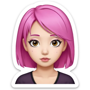 An Asian girl with pink hair, big eyes, thick eyebrows, and long eyelashes;  sticker